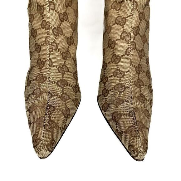 Gucci Monogram Double G Logo Canvas Calf Booties US 8 Brown Beige Supreme Heels - Picture 3 of 12